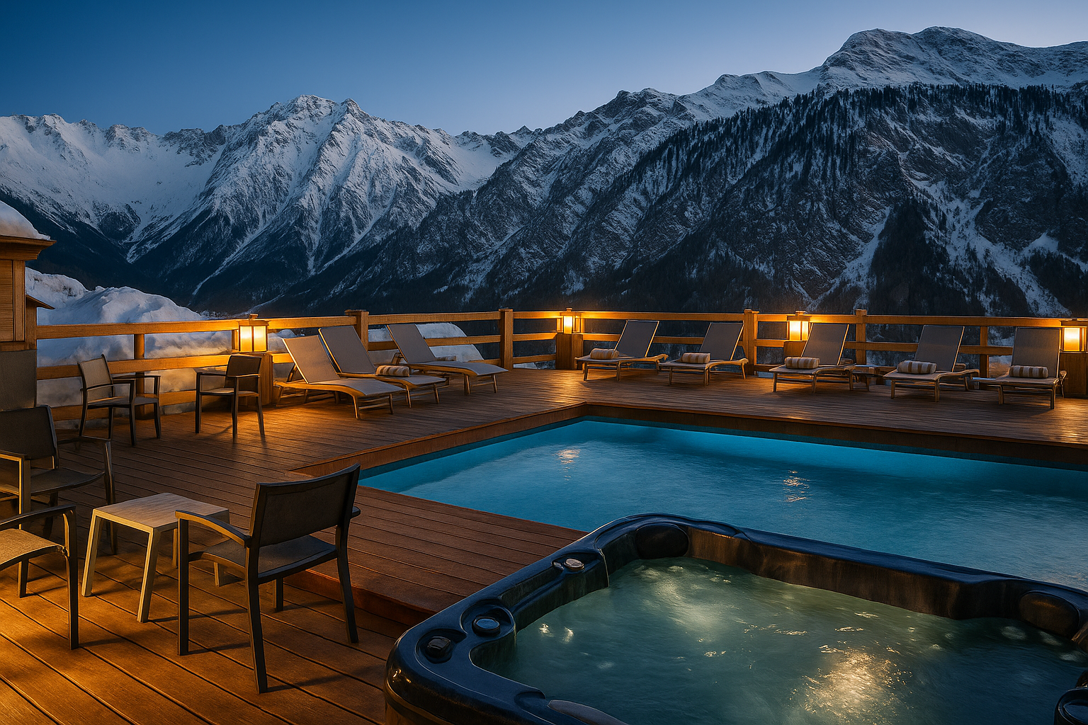 Piscine et jacuzzi de luxe sur terrasse bois avec vue panoramique montagnes enneigées - Station ski prestige Courchevel Méribel Savoie